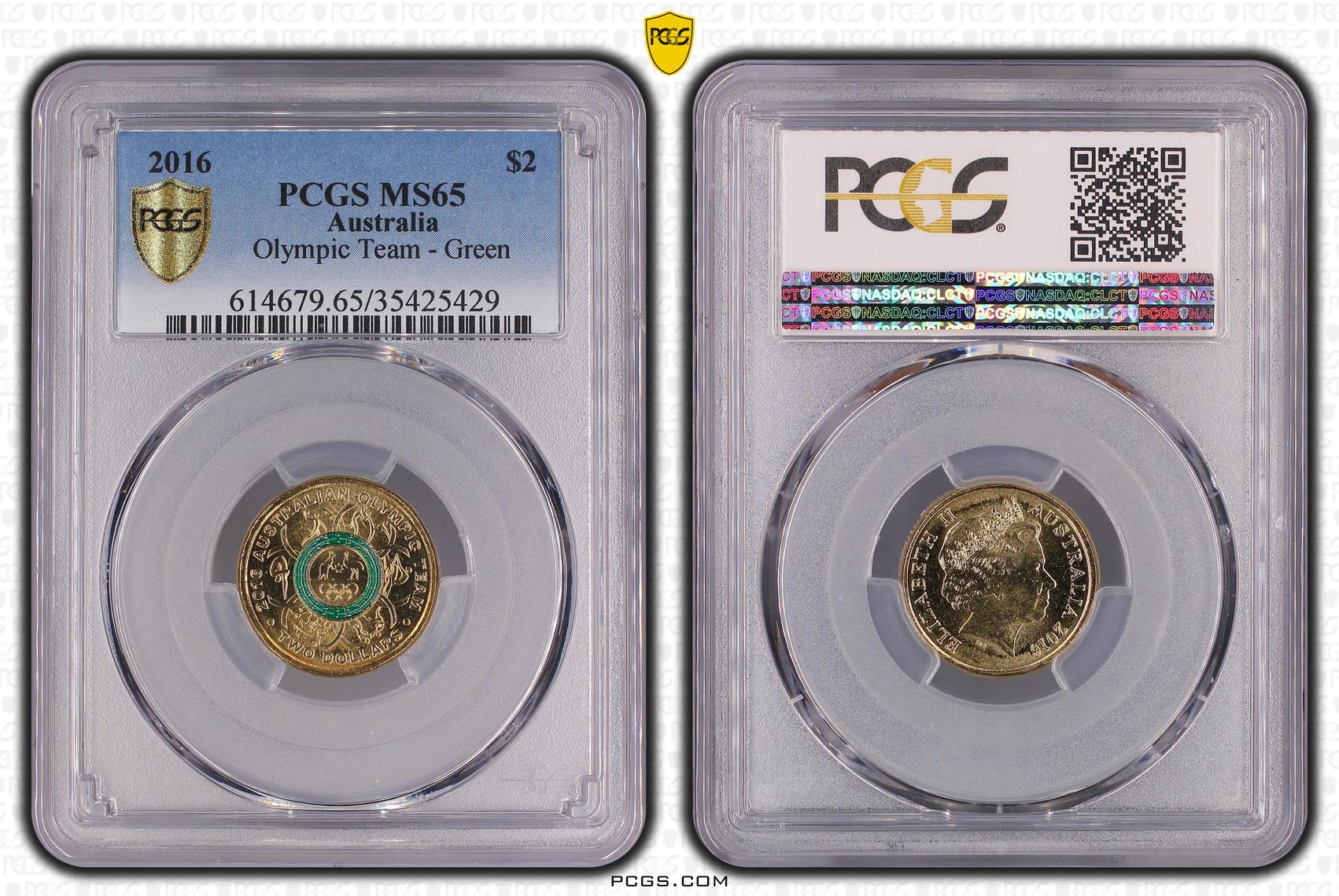 471 · Olympic Team - Green Colourised, Two Dollar, 2016, PCGS MS65