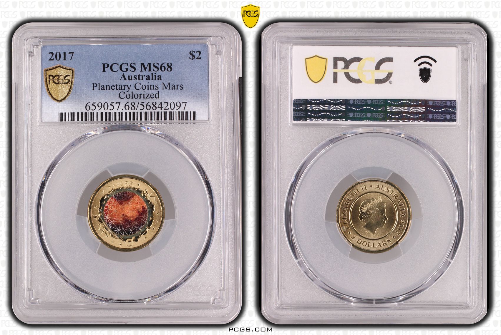 Planetary Coins Mars Colourised, Two Dollar, 2017, MS68