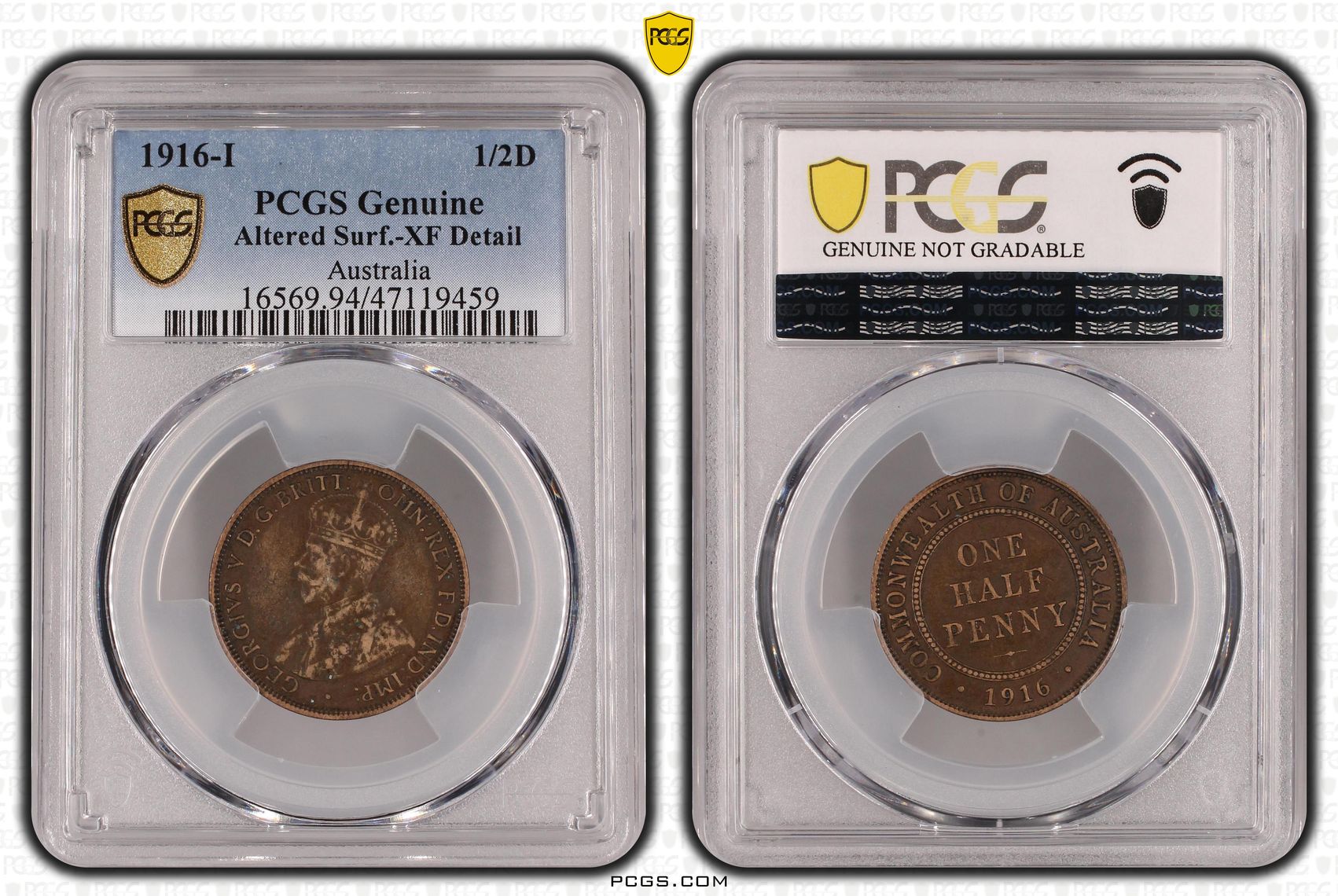 George V, Halfpenny, 1916-I, PCGS Genuine - XF Details (94 - Altered Surf.)