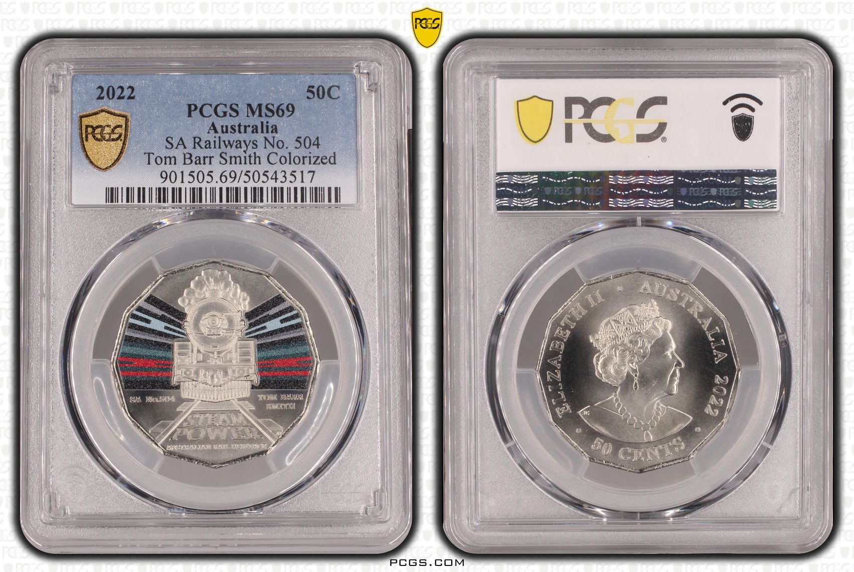 SA Railways No. 504 Tom Barr Smith Colorized, Fifty Cent, 2022, PCGS MS69