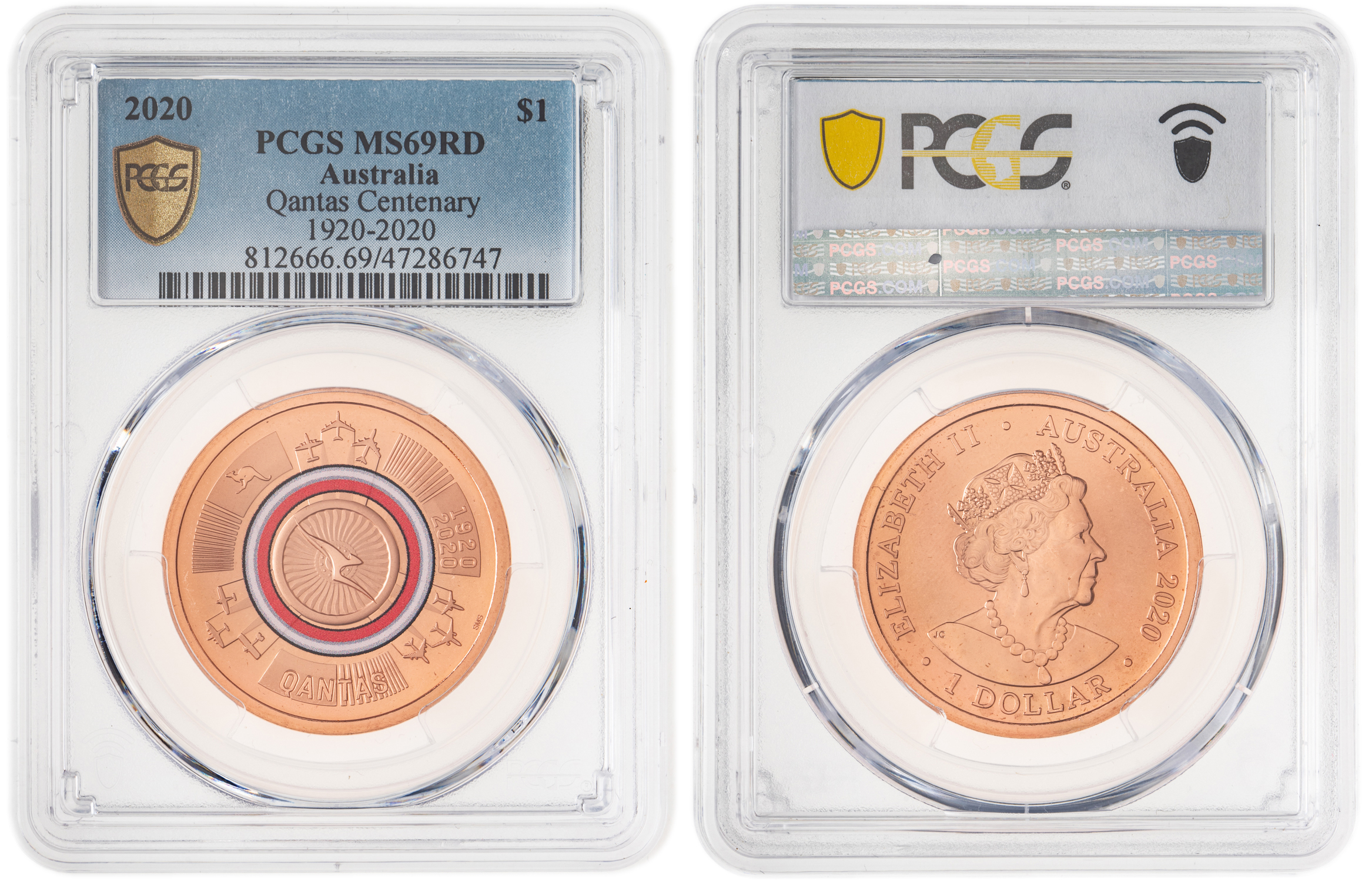 Elizabeth II, Qantas Centenary 1920-2020, Pop 126/0, One Dollar, 2020, PCGS MS69RD