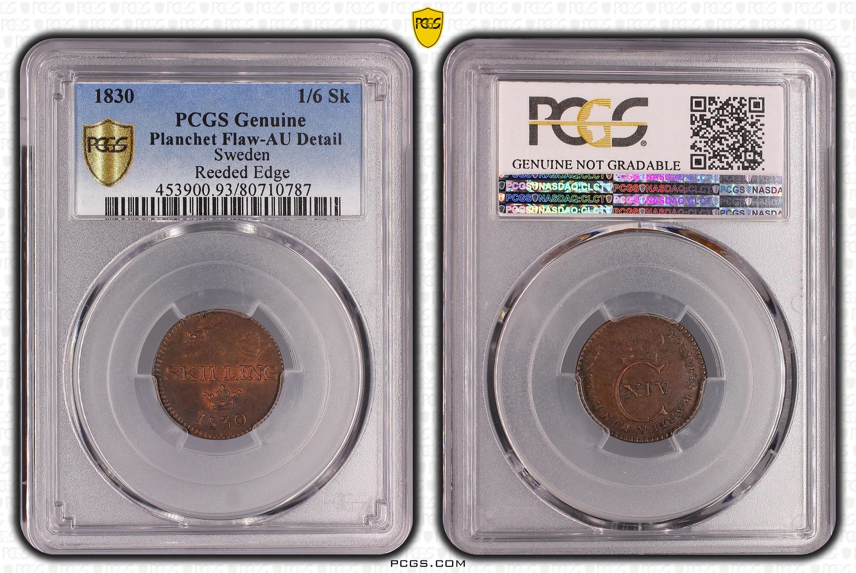 Sweden, Reeded Edge, One Sixth Ore, 1830, PCGS Genuine - AU Details (93 - Planchet Flaw)