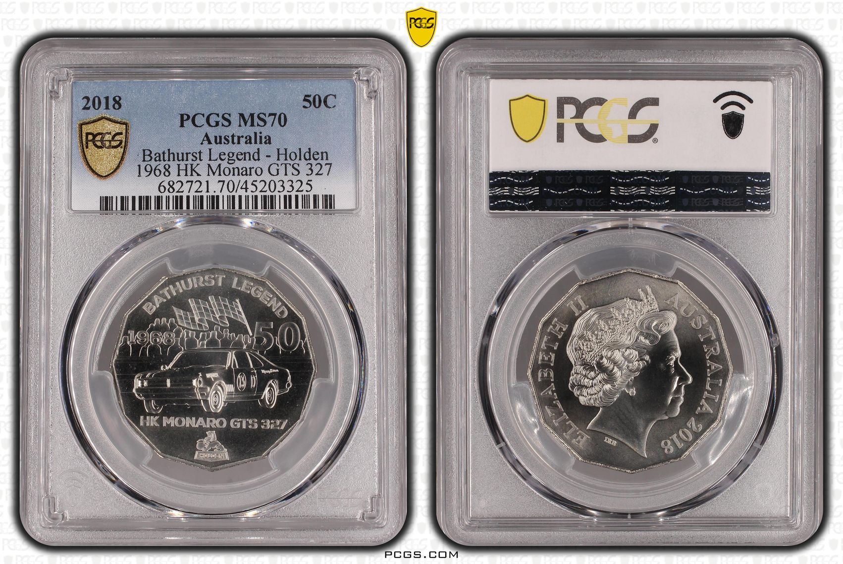 2018 Australia Fifty Cent, 50c Bathurst Legend - Holden 1968 HK Monaro GTS 327 PCGS - MS70 POP 1/0 -325