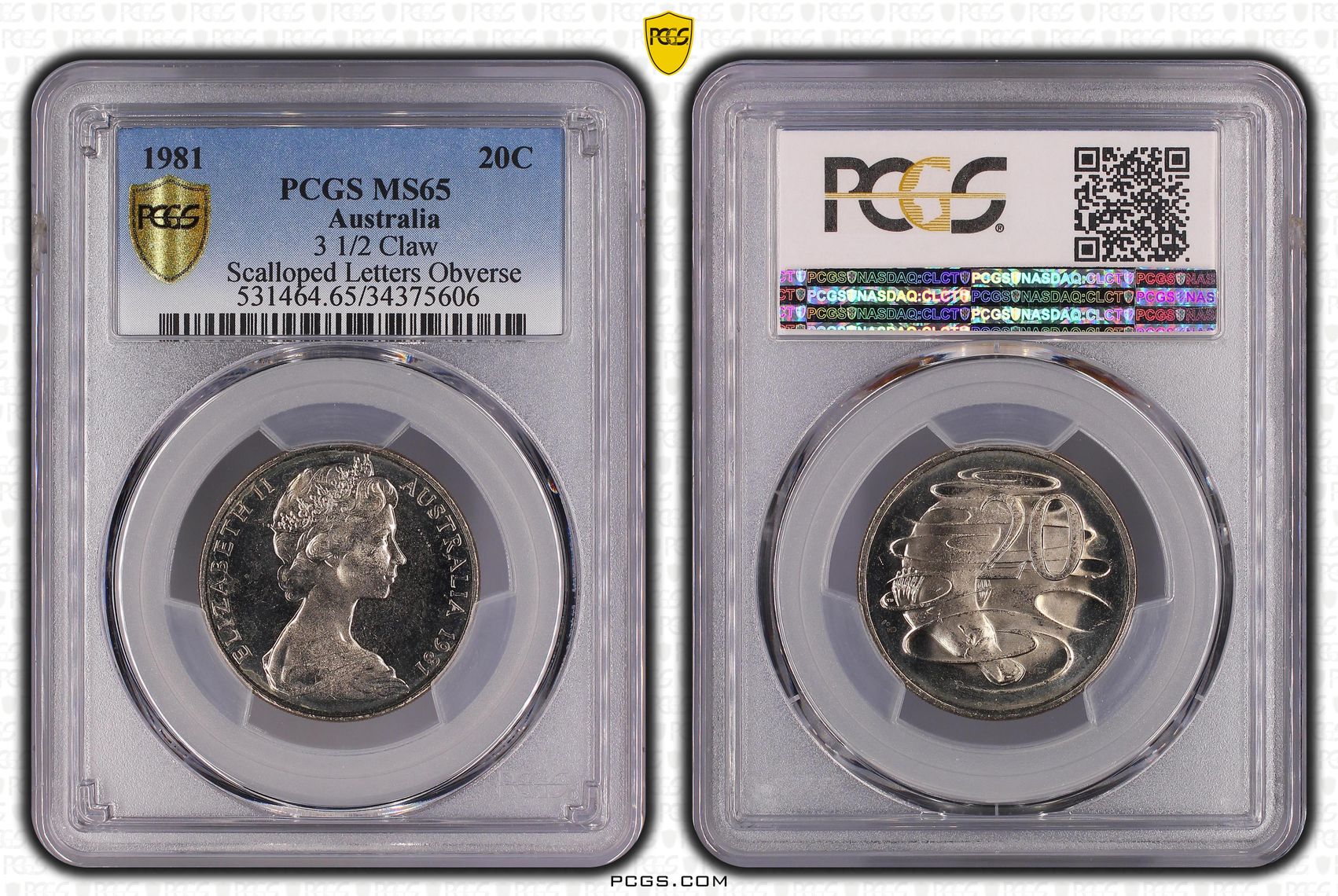 1981 Australia Twenty Cent, 20c 3 1/2 Claw, Scalloped Letters Obv PCGS - MS65 -606
