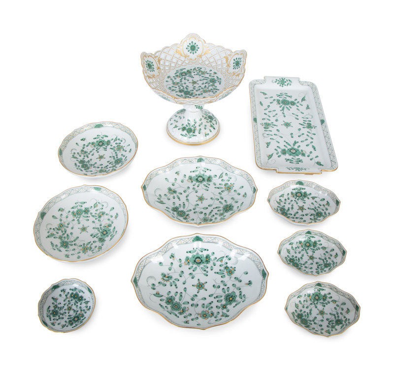 Ten Meissen Porcelain Indian Green Articles
Tray, length 11 1/4 x 5 7/8 inches.