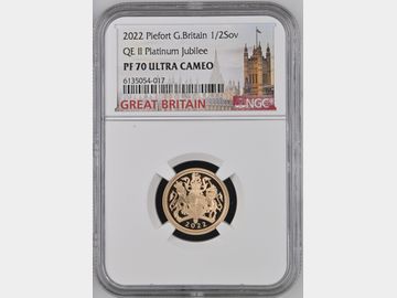 SUPER RARE 2022 PATTERN PIEDFORT GOLD PROOF PLATINUM JUBILEE HALF SOVEREIGN PF70 UCAM TOP POP!