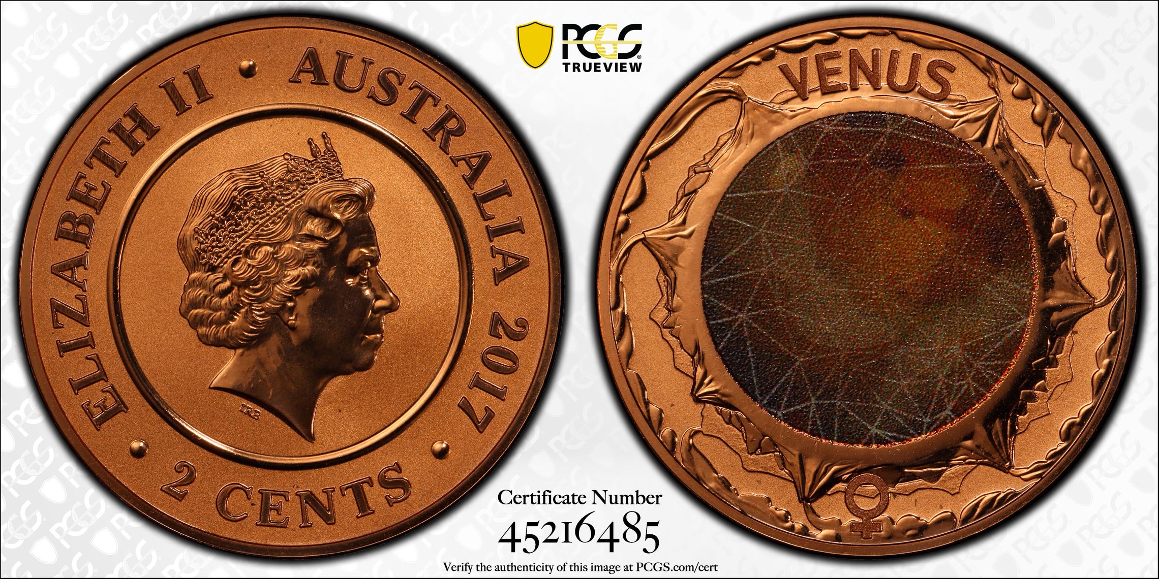 2017 Australia Two Cent, 2c Planetary Coins Venus PCGS - MS70RD POP 35/0 -485