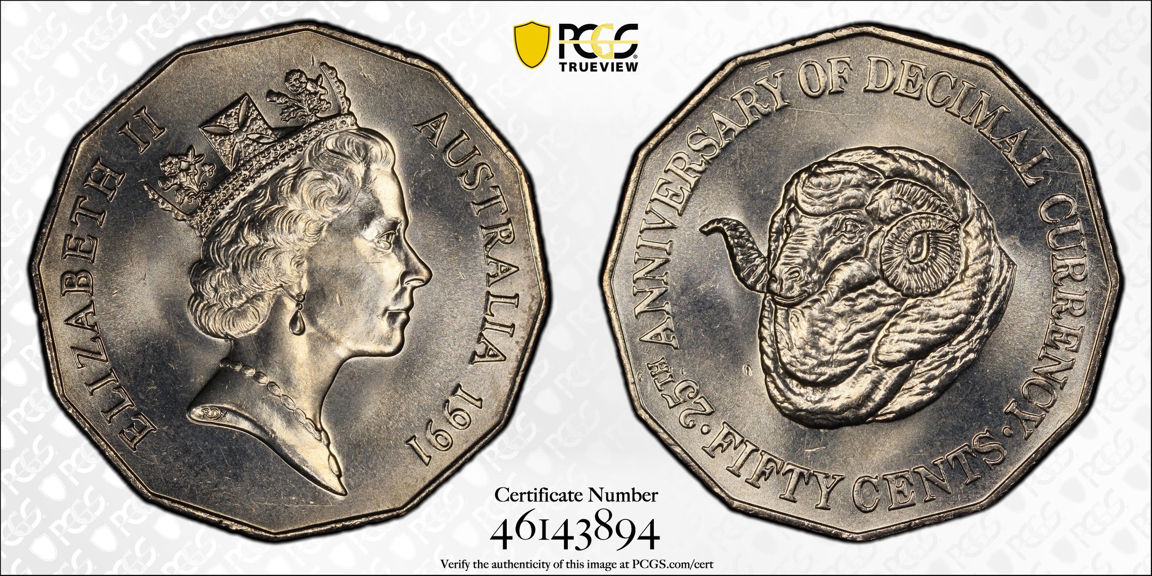 349 · 25th Anniversary Decimal Currency, Fifty Cent, 1991, PCGS MS67