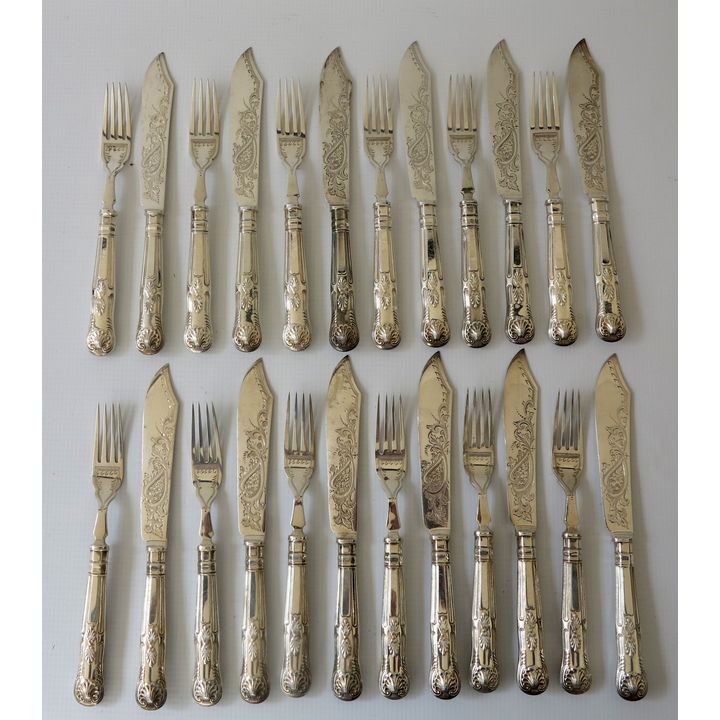 EDWARDIAN SILVER 24 PIECE FISH SERVICE, silver blades and tines, London  1904
