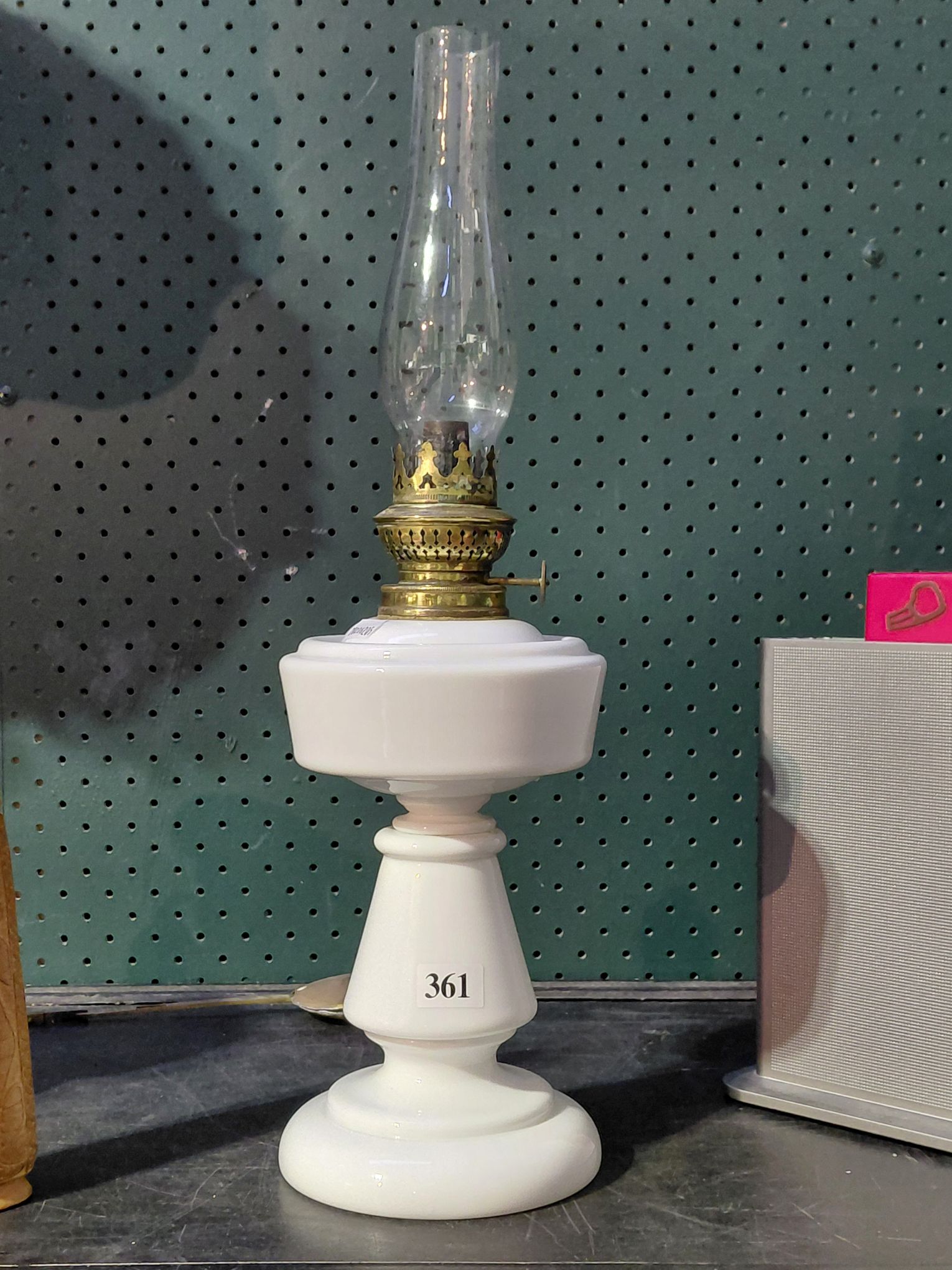361 · WHITE MILK GLASS OIL LAMP
