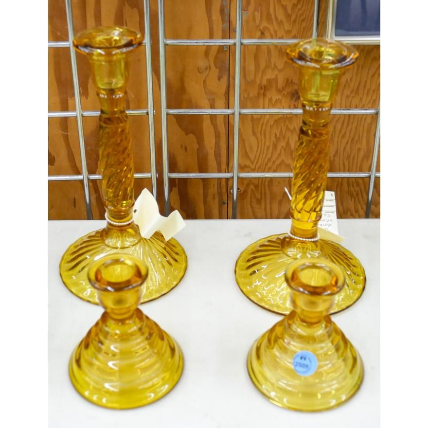4pc Amber Spiral Glass Candlesticks