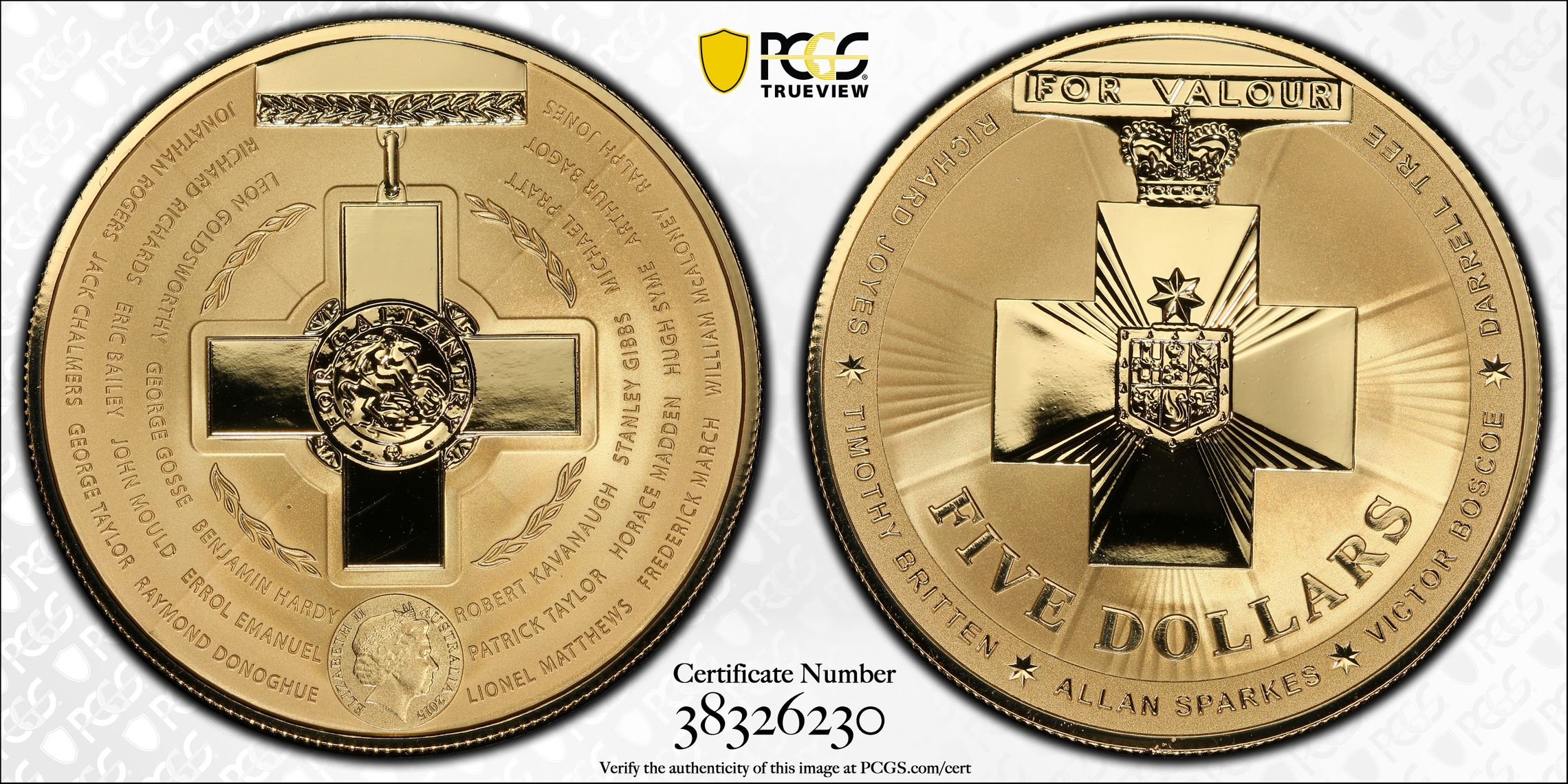 2015 Australia Five Dollar, $5 Gilt Silver Australian Bravery Gilt Ag Frosted Uncirculated PCGS - MS69 -230