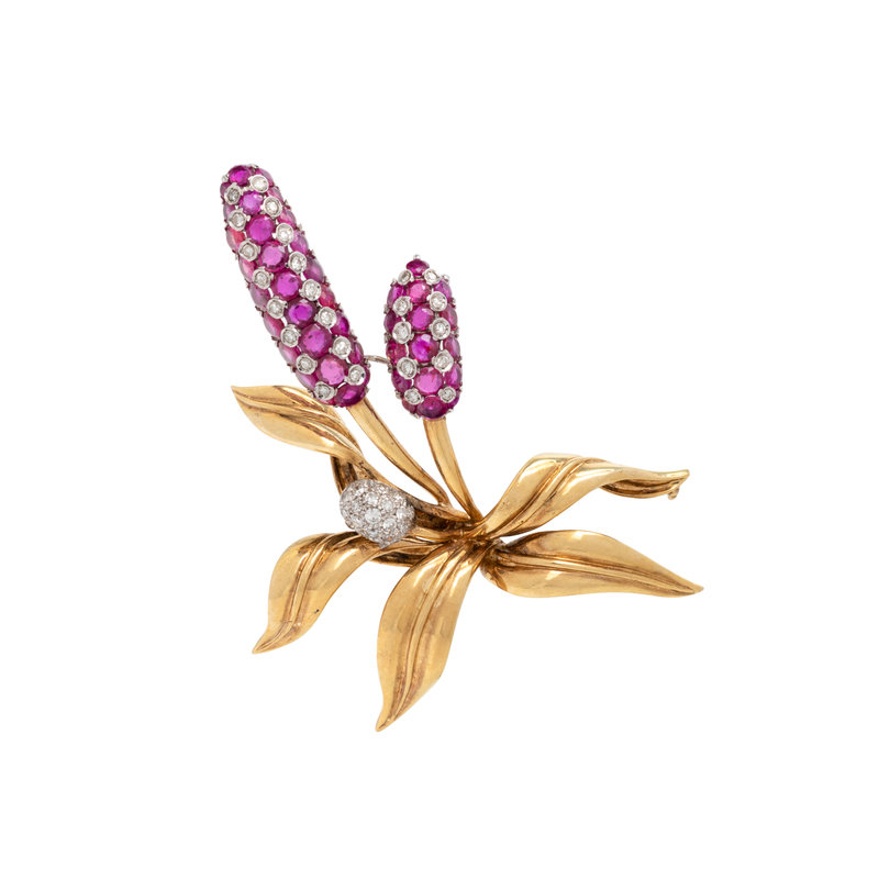TIFFANY & CO., RUBY AND DIAMOND CATTAIL BROOCH