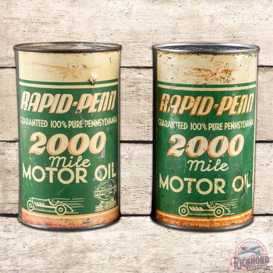 Group of 2 Rapid Penn National Oil Co. Metal Imperial Quart Cans w/ Airplane & Race Car