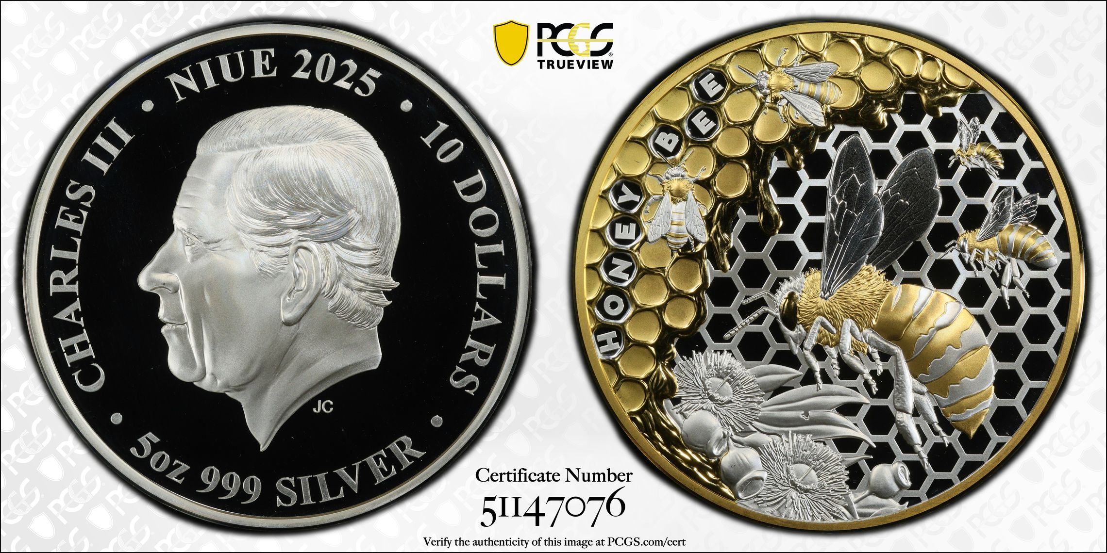 Niue, Australian Honey Bee - 5oz Ag - Selective Gilt , Ten Dollar, 2025, PCGS PR69DCAM