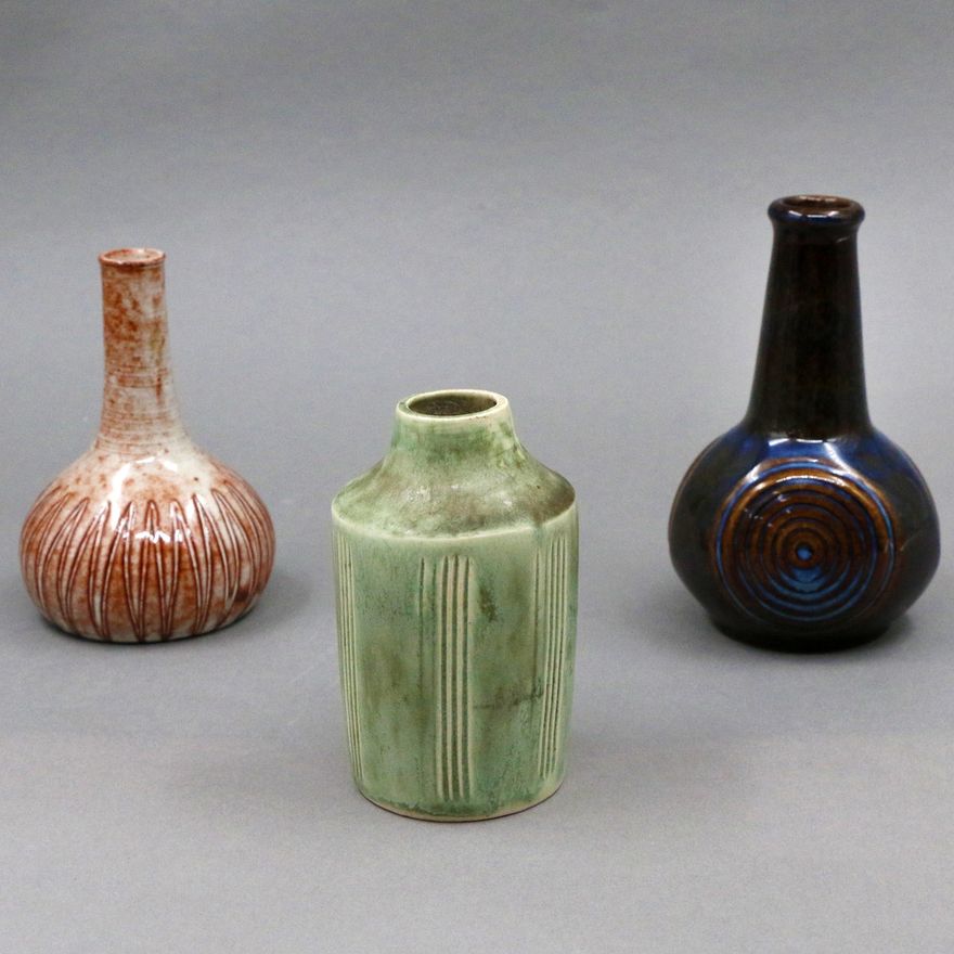 Three small 1950s Danish stoneware vases - with sgraffito decoration