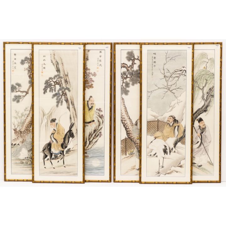 Suite of Six Han Dong Scholar in Landscape Scrolls Framed