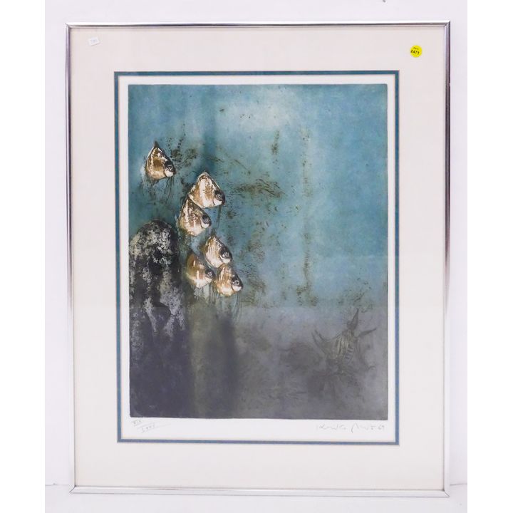 Kaiko Moti 'Green Fish' S/N Etching- 30x24'' framed