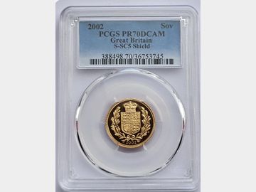 2002 'GOLDEN JUBILEE' SHIELD PROOF GOLD SOVEREIGN PR70 DCAM TOP POP