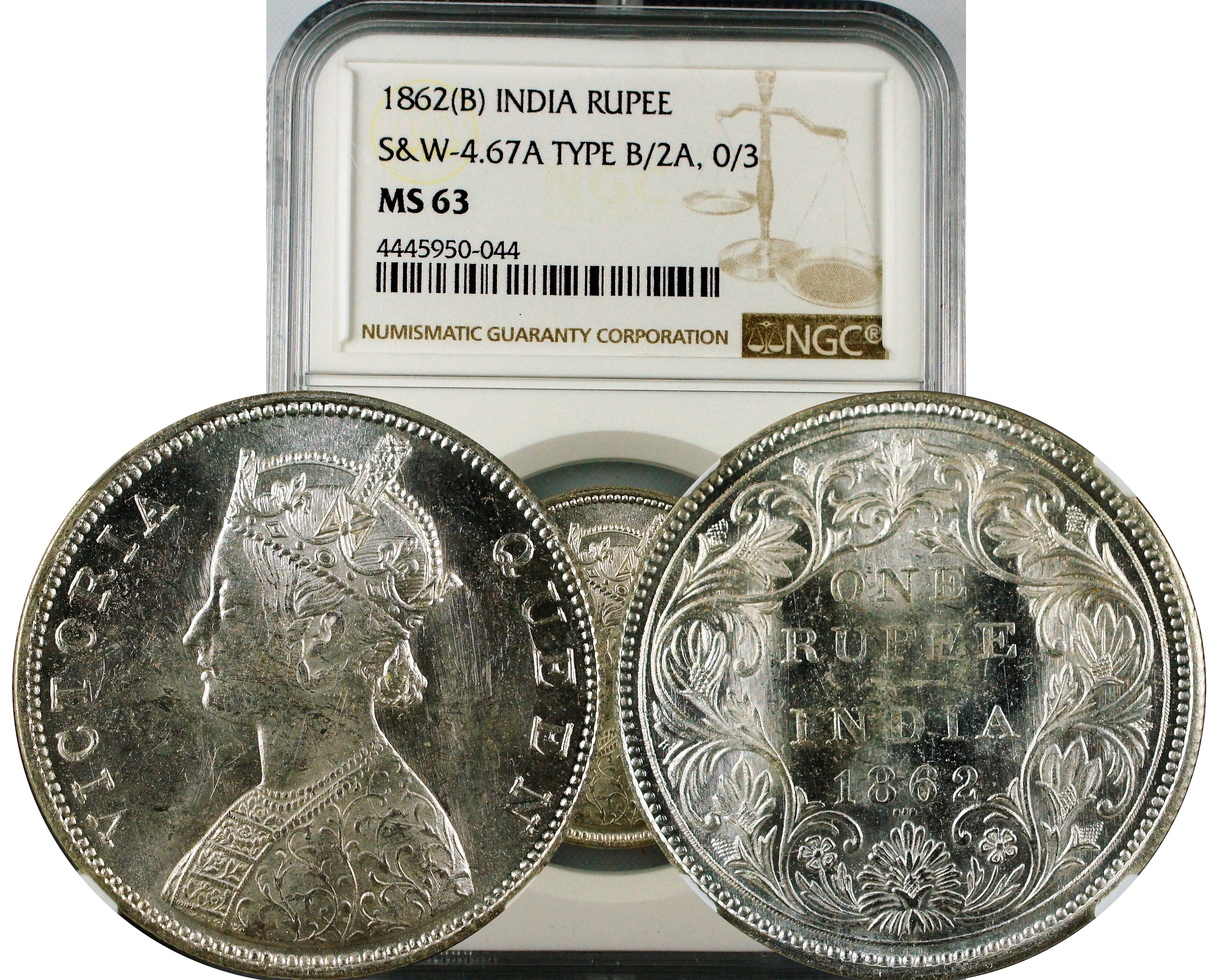 India British 1862 B Rupee Type B/2A, 0/3 Dots NGC MS63