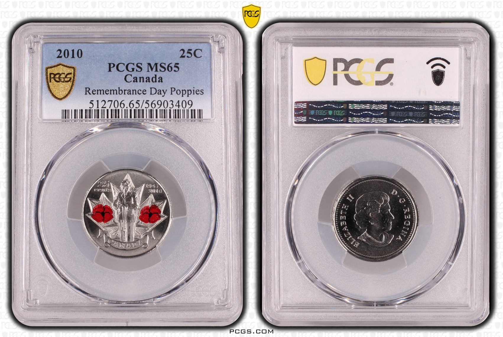 Canada, Remembrance Day Poppies, Twenty Five Cent, 2010, PCGS MS65