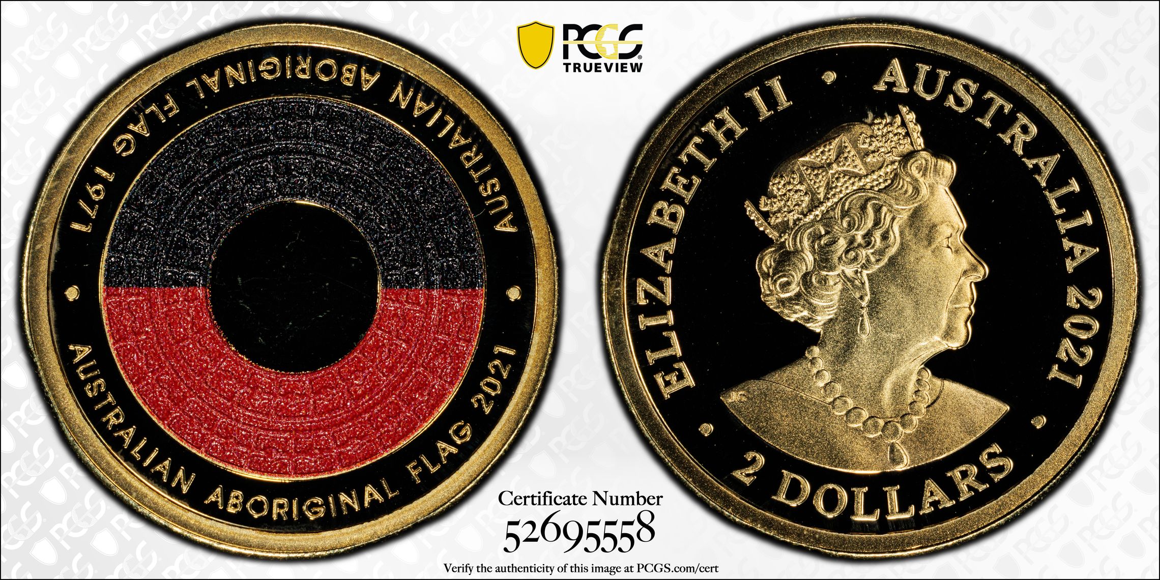 50th Ann Aboriginal Flag Colourised, Two Dollar, 2021, PCGS PR69DCAM