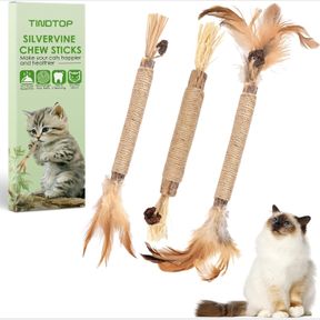 TINDTOP SILVERVINE STICKS FOR CATS WITH NATURAL FEATHER, CATNIP CHEW TOYS FOR KITTENS TEETH CLEANING, MATATABI DENTAL CARE, INCREA