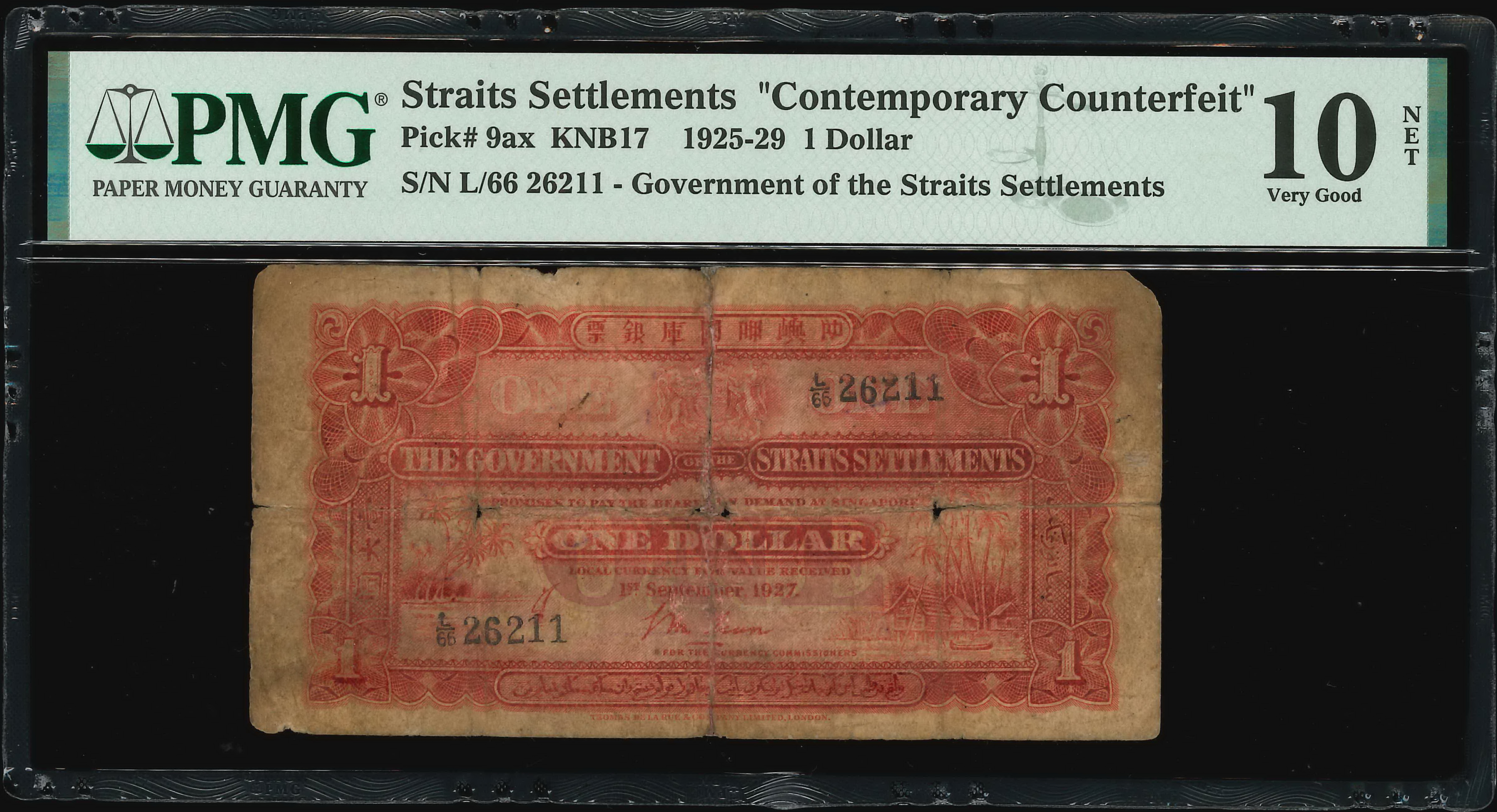 Straits Settlements, 1925-29, 1 Dollar, S/N. L/66 26211 