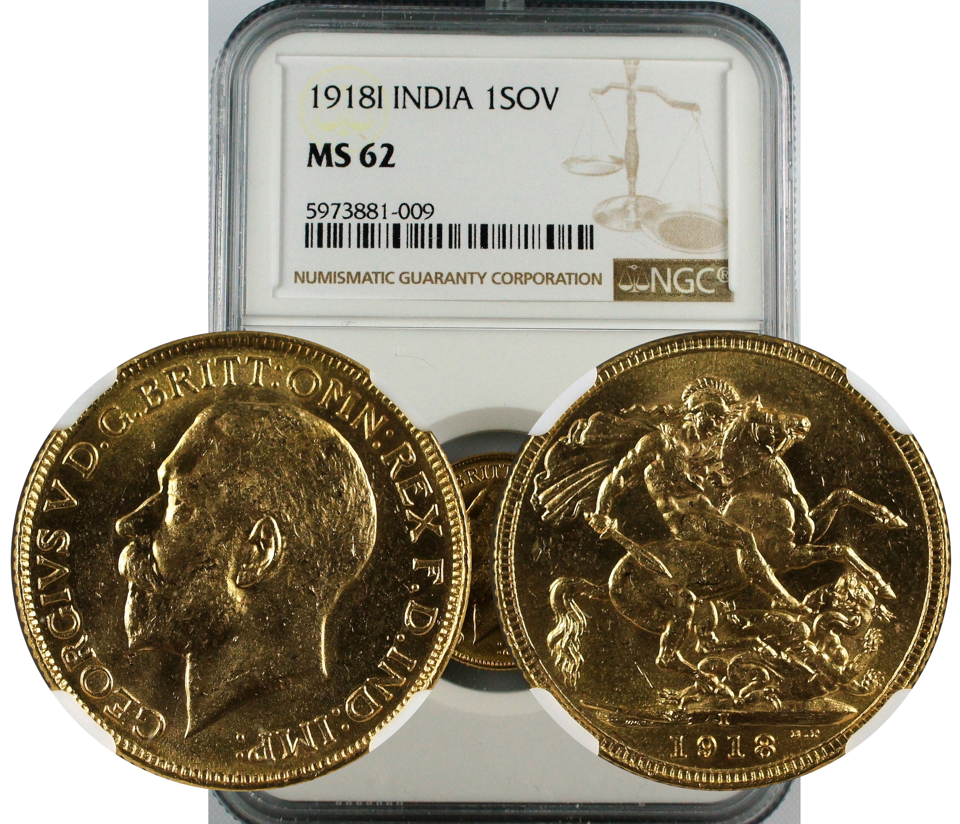 India British 1918 I Gold Sovereign NGC MS62