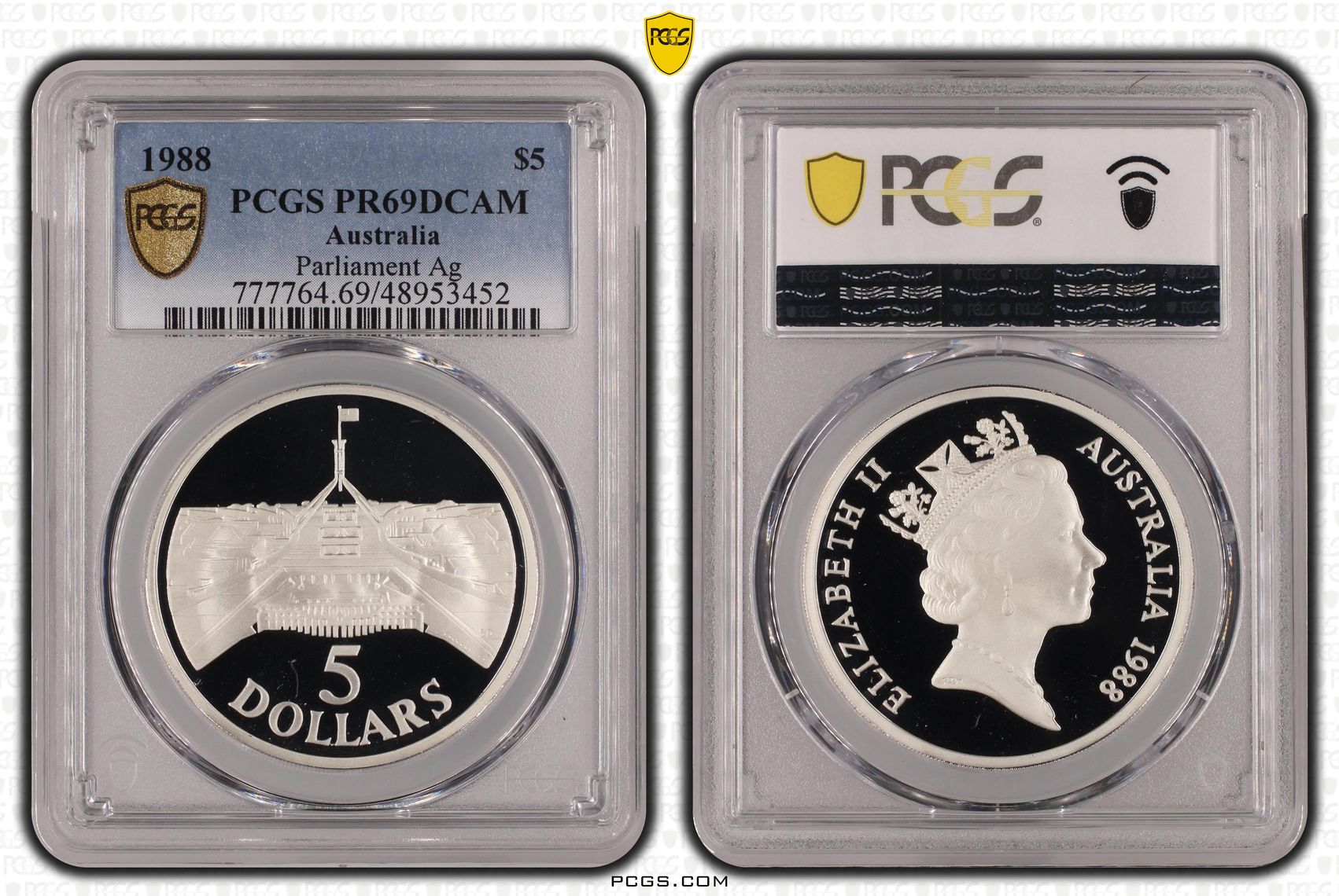 Parliament Ag, Five Dollar, 1988, PCGS PR69DCAM