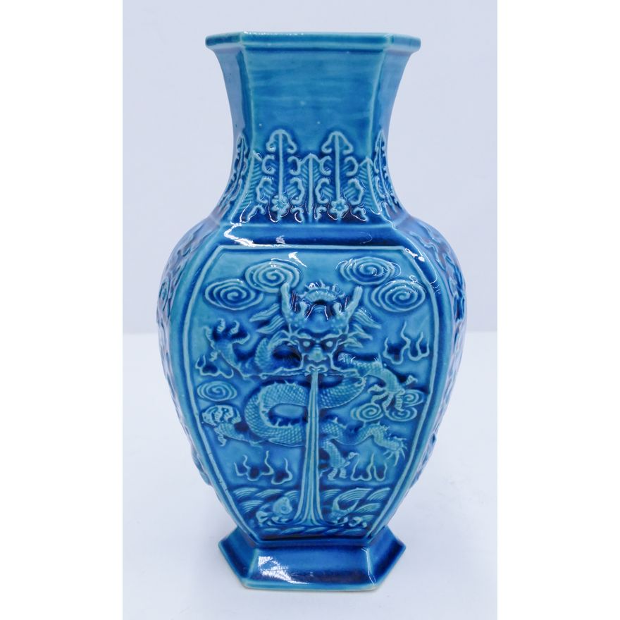 Chinese Republic Peacock Blue Dragon Vase