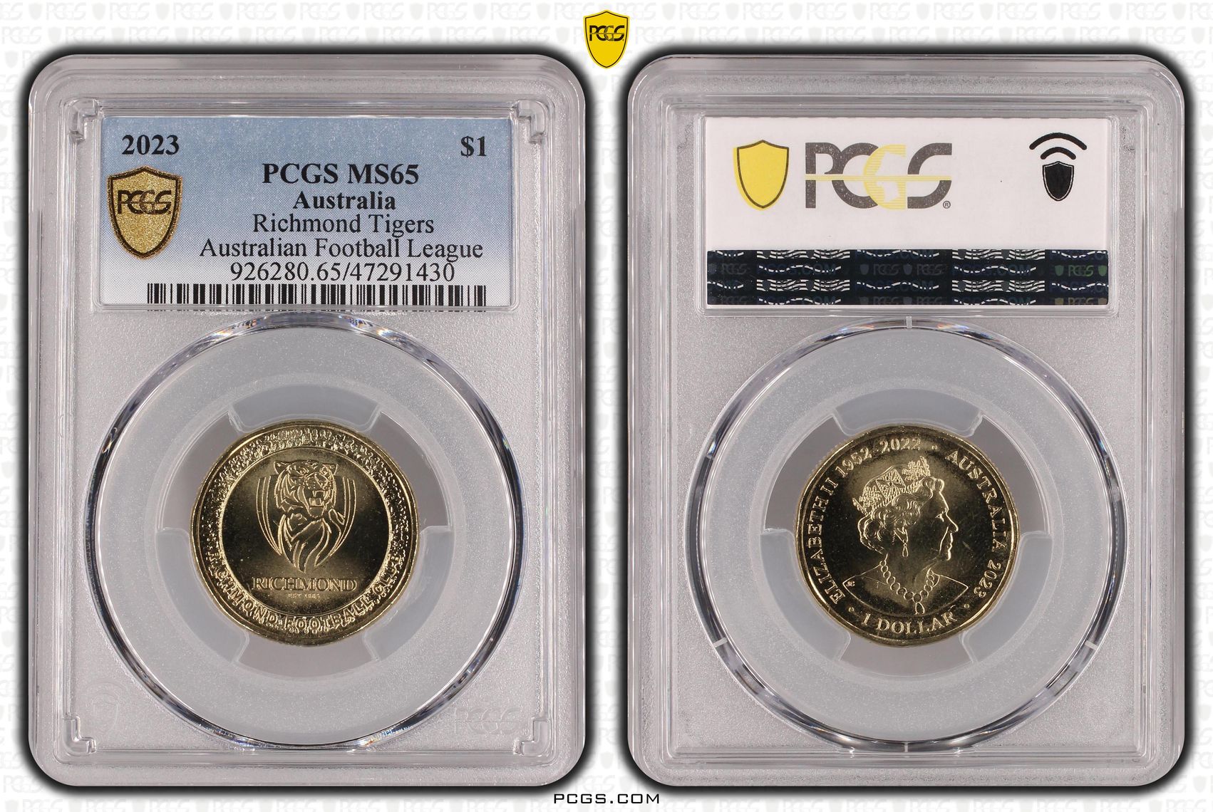 Elizabeth II, AFL - Richmond Tigers, One Dollar, 2023, PCGS MS65