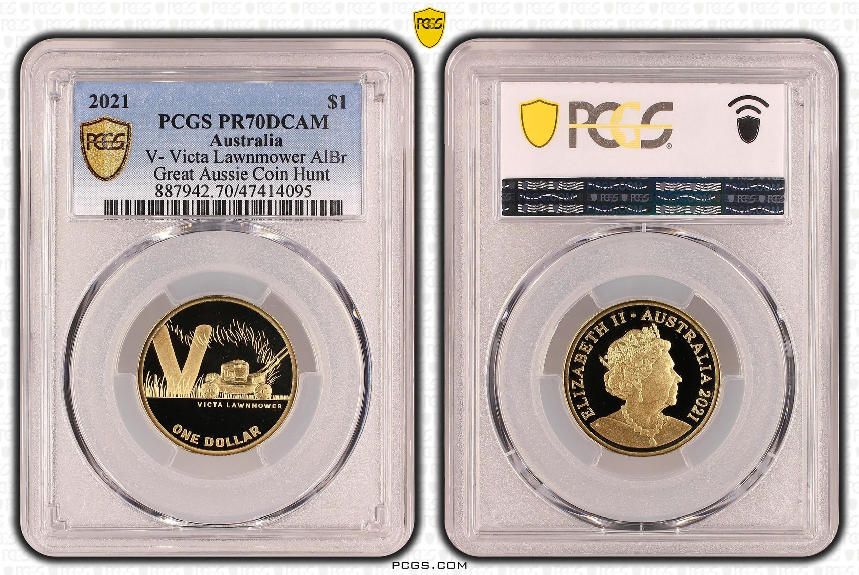Elizabeth II, V- Victa Lawnmower AlBr, Pop 18/0, One Dollar, 2021, PCGS PR70DCAM