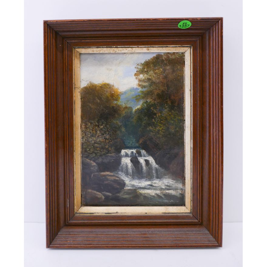 Antique English Waterfall Small Oil Painting Framed- 13x10''