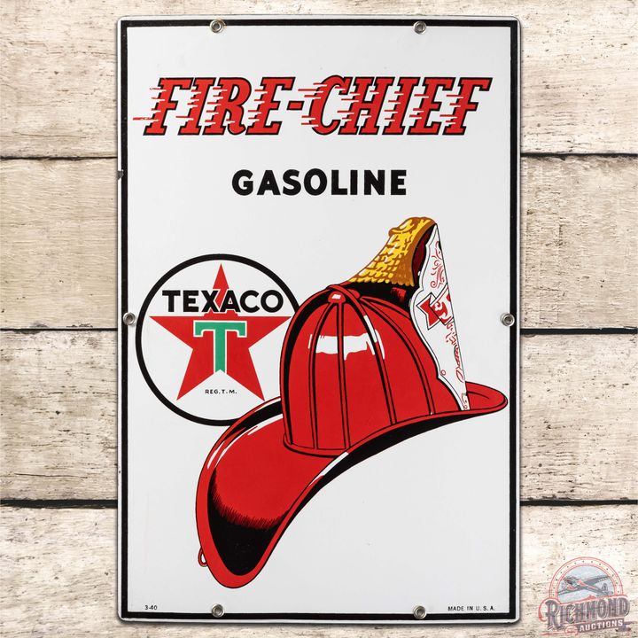 1940 Fire Chief Gasoline SS Porcelain Pump Plate Sign