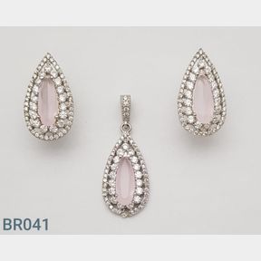 STERLING SILVER PINK PEAR SHAPED PENDANT AND EARRING - 51543/191