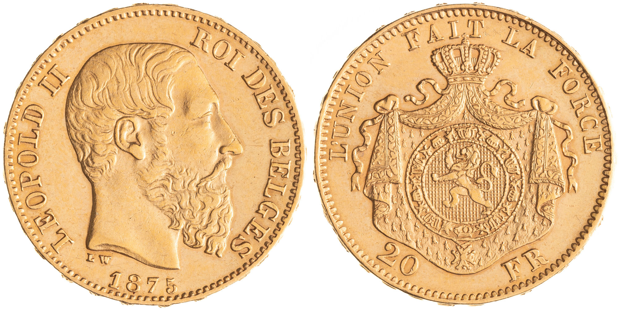 Belgium, Leopold II, Twenty Francs, 1875, aEF