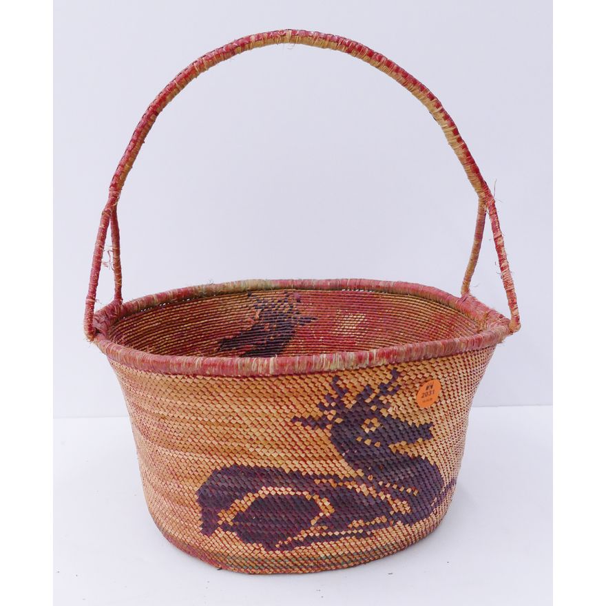 Large Makah Deer Handled Basket- Painted Red- 14x20''