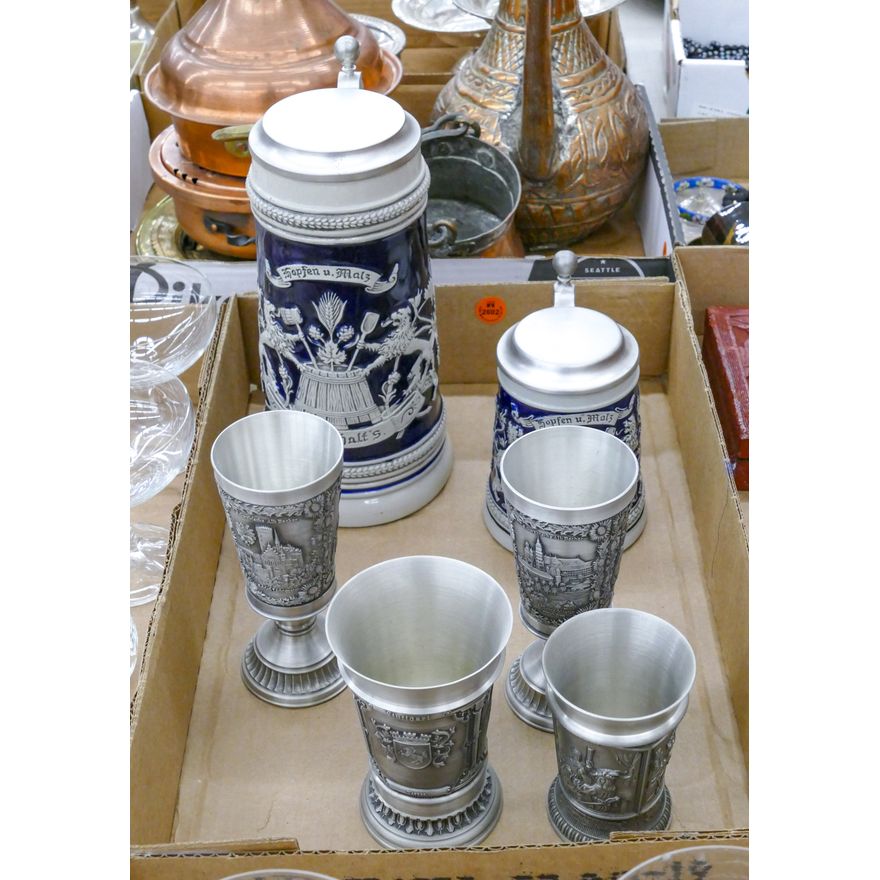 Box German Beer Steins and Pewter Cups