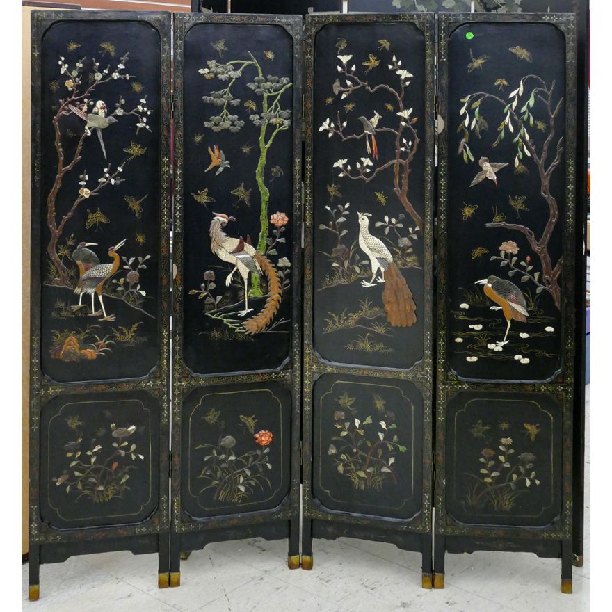 Antique Chinese 4-Panel Applique Lacquered Room Screen 64''x60''