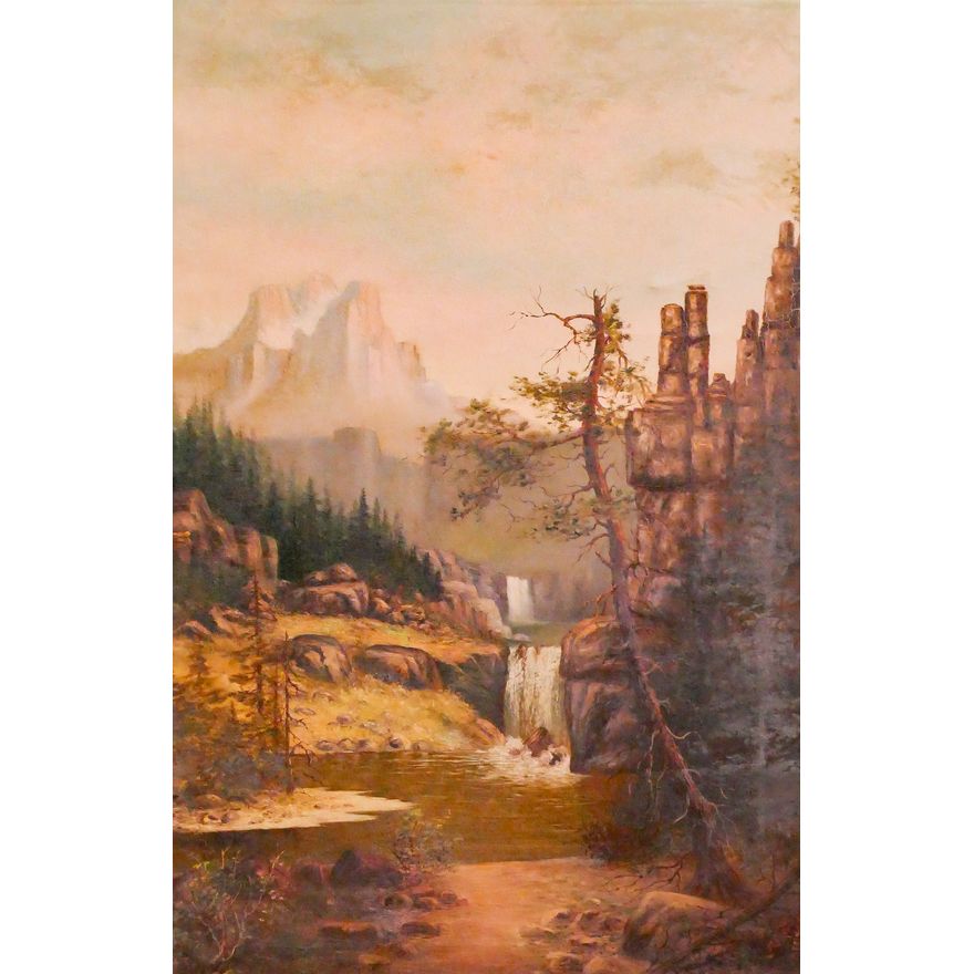 Antique Northwest Landscape with Waterfall Oil Painting Framed- 44x31''