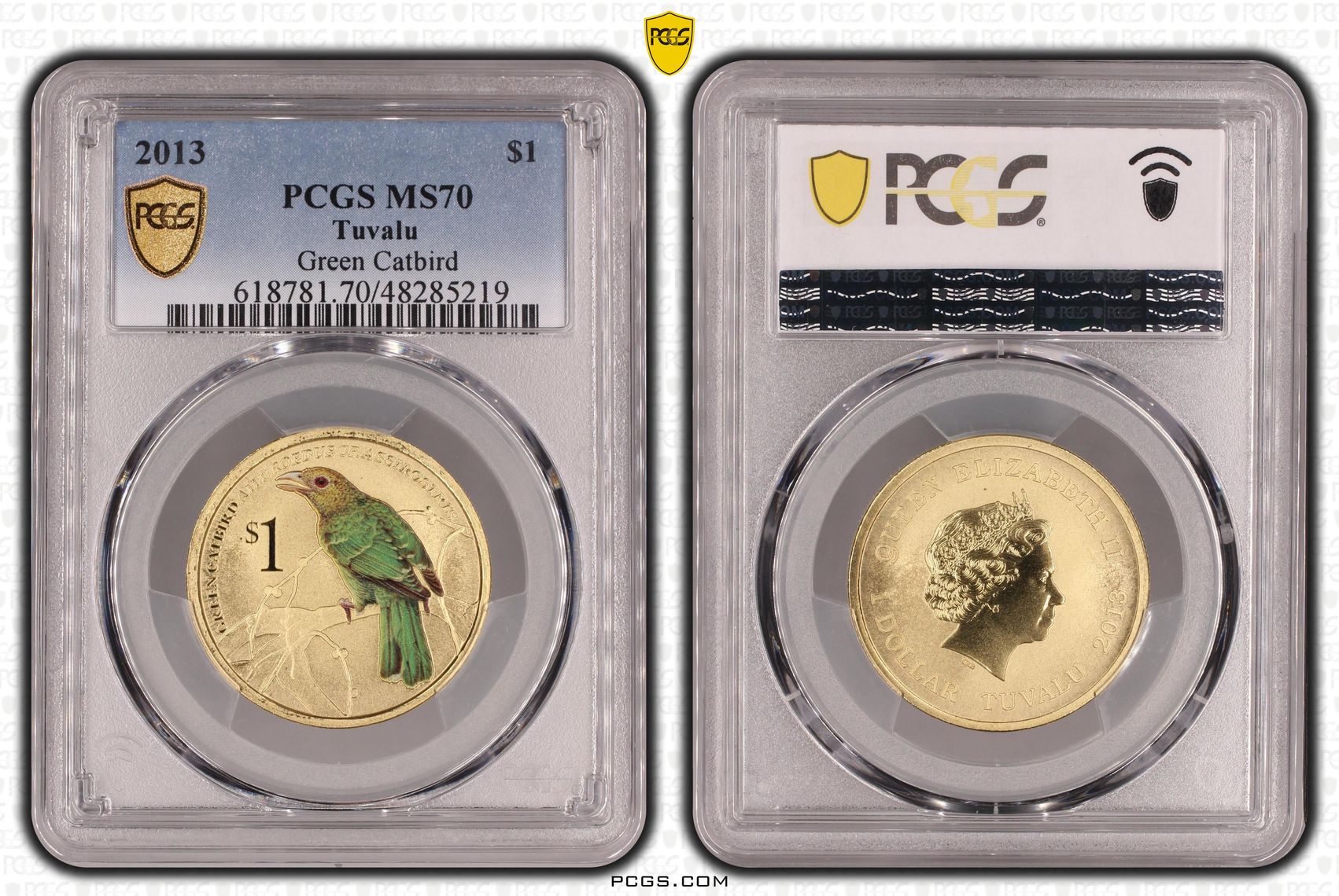 Tuvalu, Green Catbird POP 3/0, One Dollar, 2013, PCGS MS70