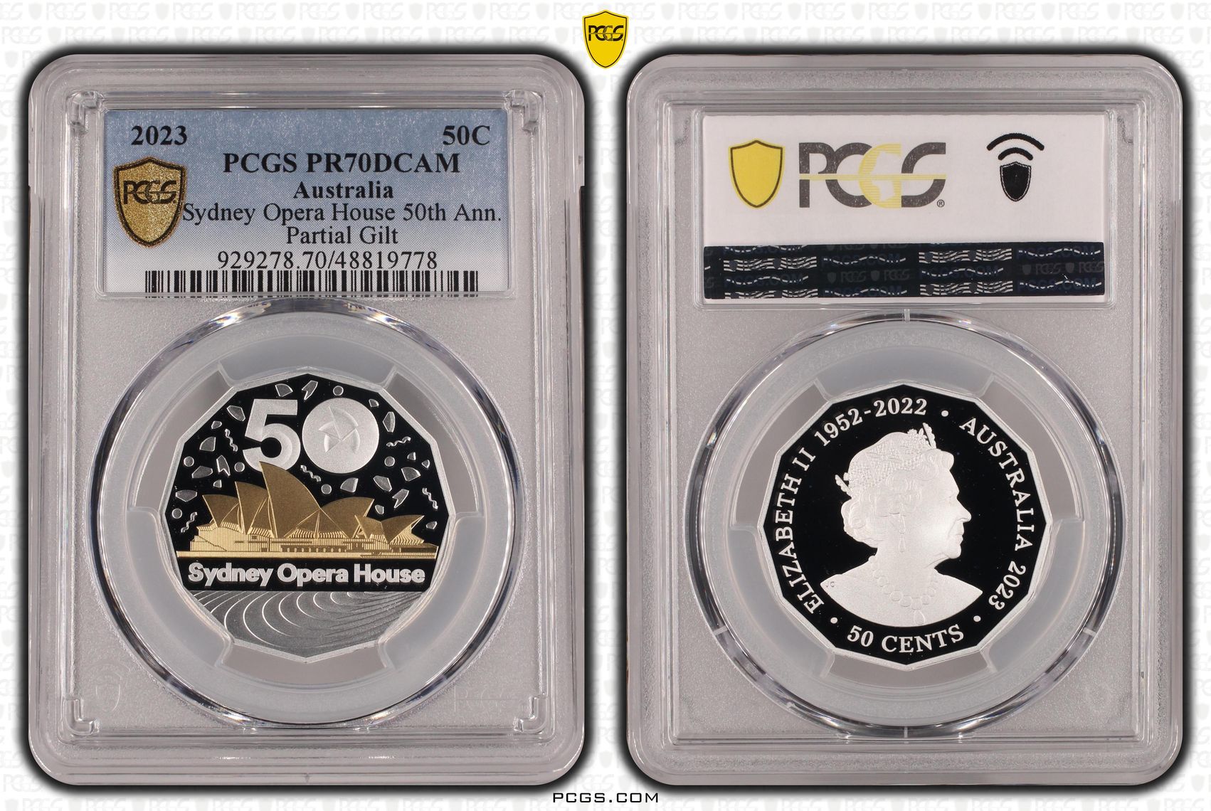 Sydney Opera House 50th Ann. - Partial Gilt, Fifty Cent, 2023, PCGS PR70DCAM