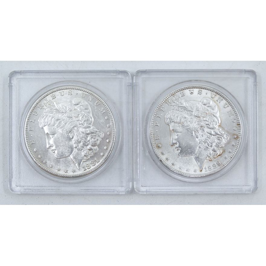 2pc US Morgan Silver Dollars BU in Cases - 1881-S, 1889