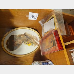Vintage wall decorations, California postcards, and vintage sewing items