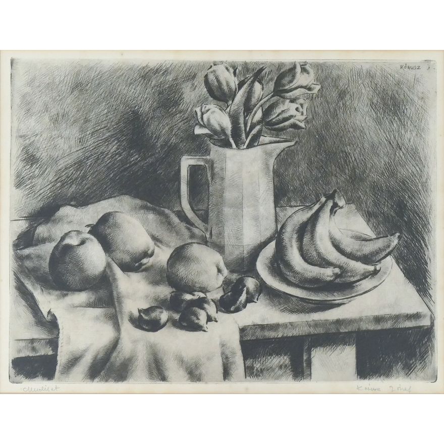 Jozsef Korusz ''Tulips & Fruit'' (Still Life) Etching Framed 17.5''x21.5''