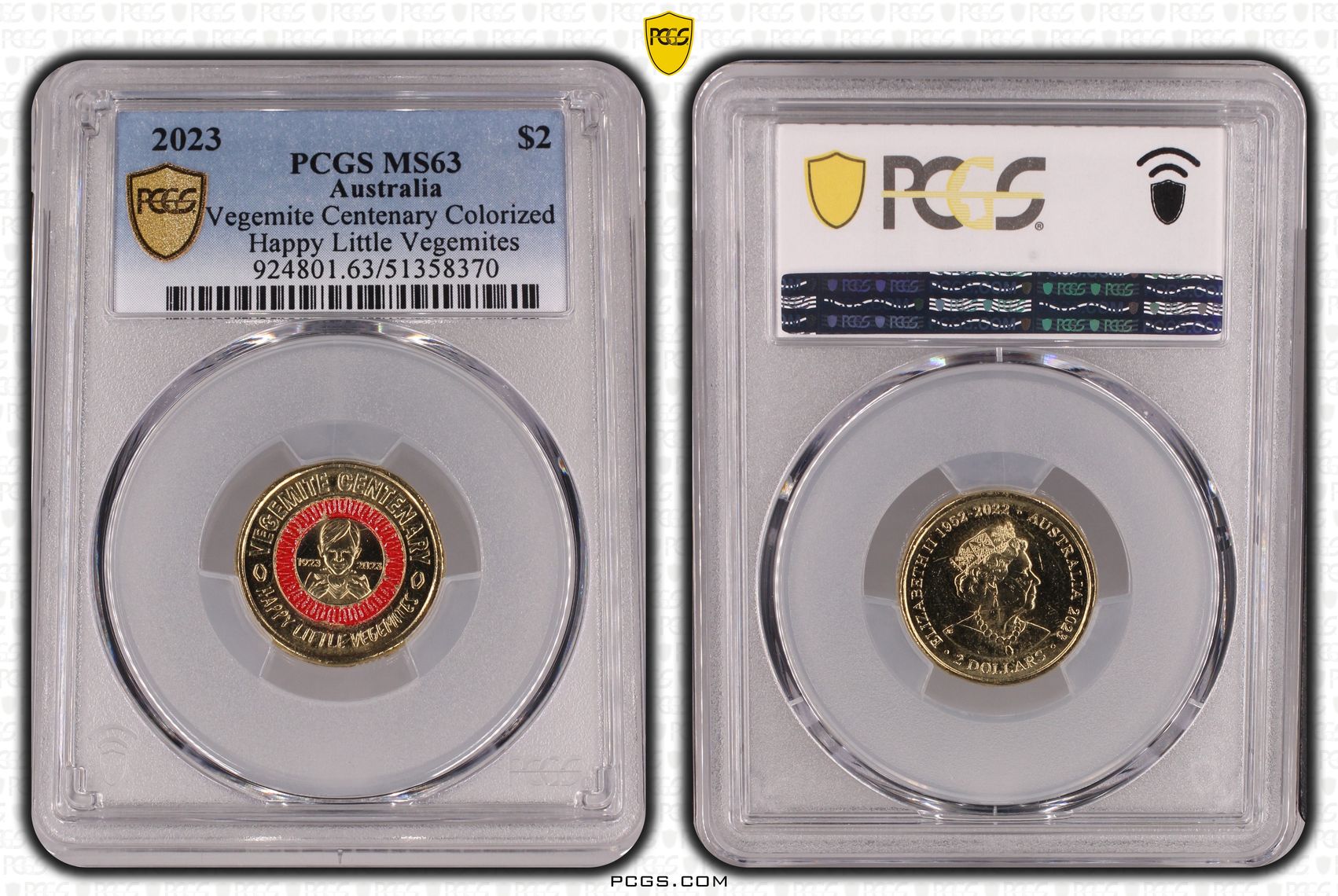 Vegemite Centenary Colorized Happy Little Vegemites, Two Dollar, 2023, PCGS MS63