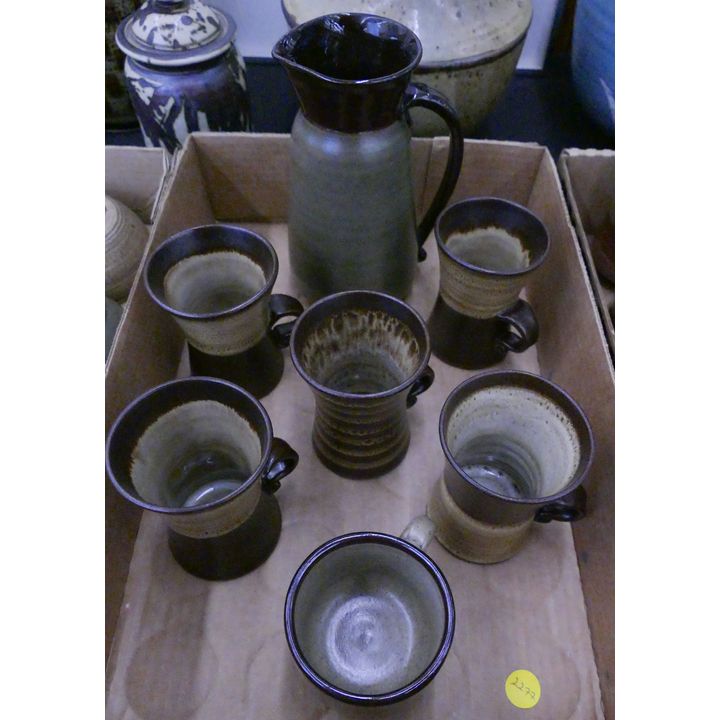 Box 7pc Louis Mideke Studio Pottery Pitcher & Mugs- 2.5'' to 7''