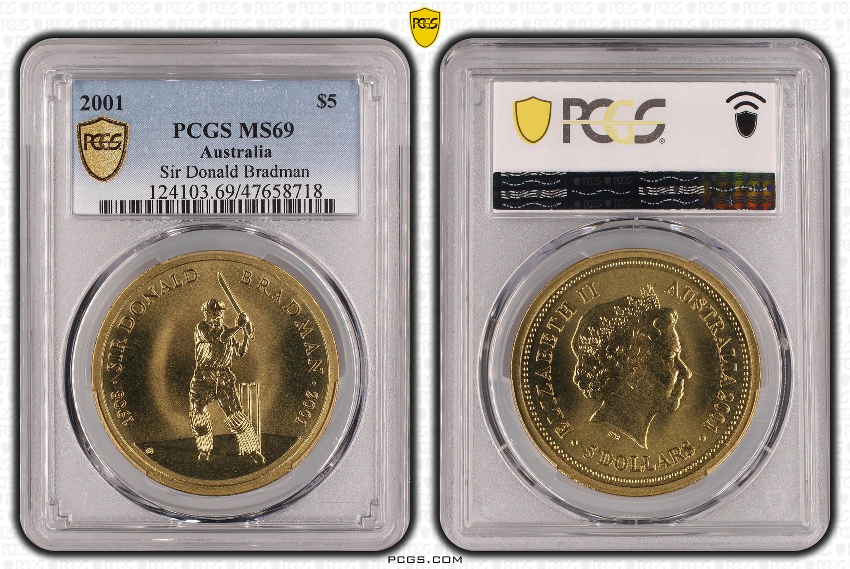 Elizabeth II, Sir Donald Bradman, Five Dollar, 2001, PCGS MS69