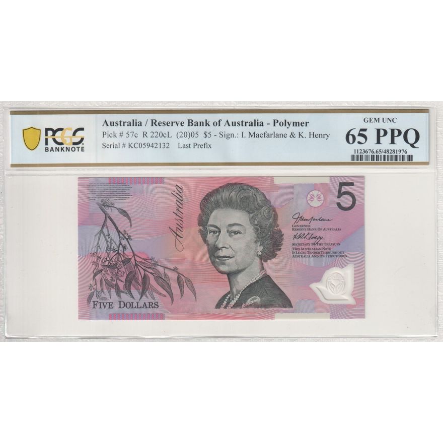 Macfarlane/Henry, Last Prefix, Five Dollar, 2005, PCGS Gem UNC 65 PPQ